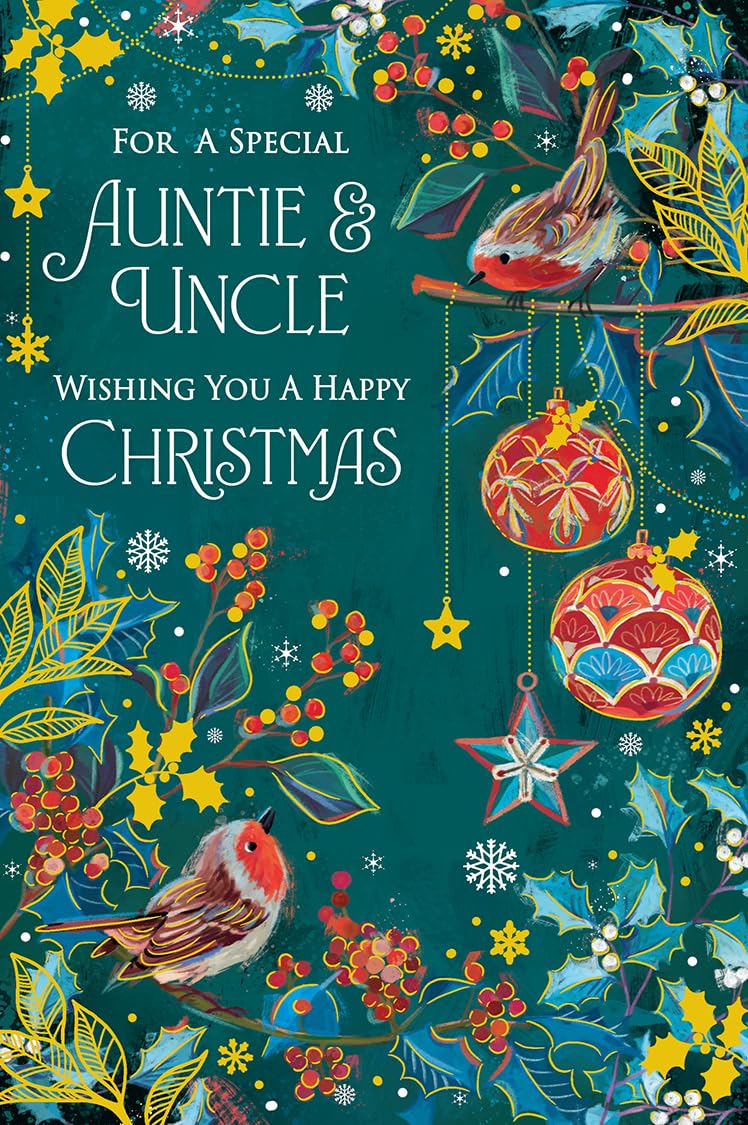 Christmas Card Auntie & Uncle Large Robins Baubles Gold Foliage 15x23cm