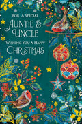 Christmas Card Auntie & Uncle Large Robins Baubles Gold Foliage 15x23cm