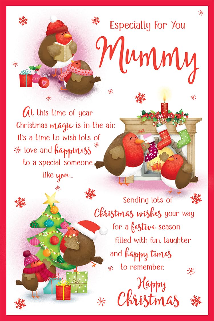 Mummy Christmas Card Cute Robin Tree Stockings 9" x 6" Lovely Verse