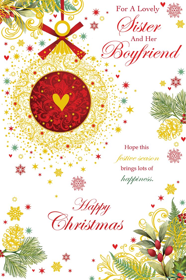Christmas Card Special Sister & Boyfriend Large Gold Bauble 15x23cm
