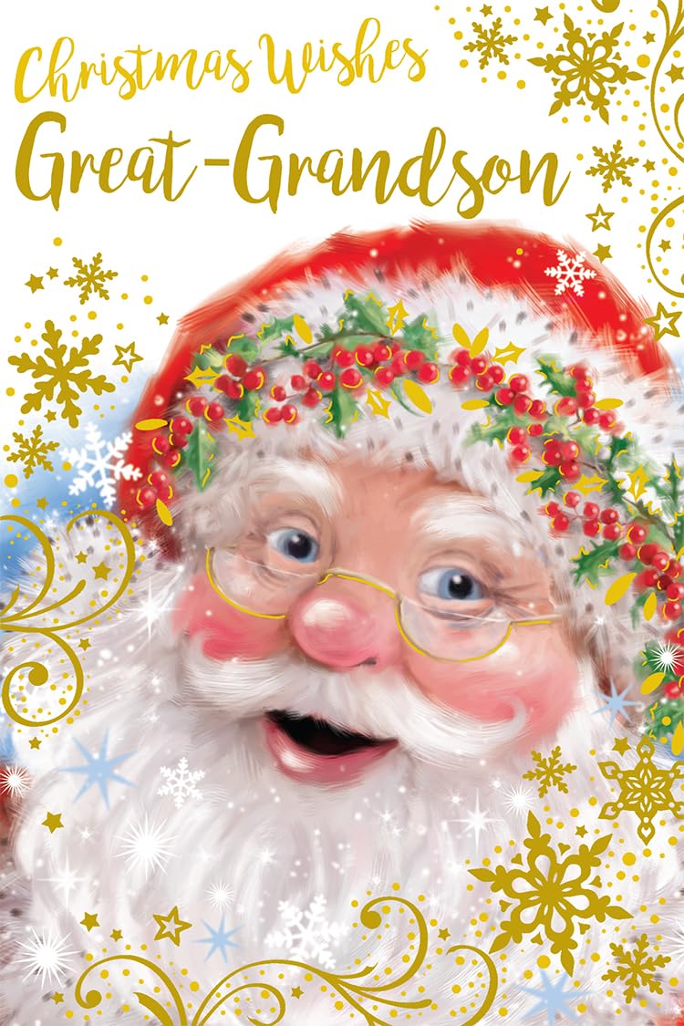 Great Grandson Christmas Card Modern Cute Santa Face 7.5" x 5" Lovely Verse