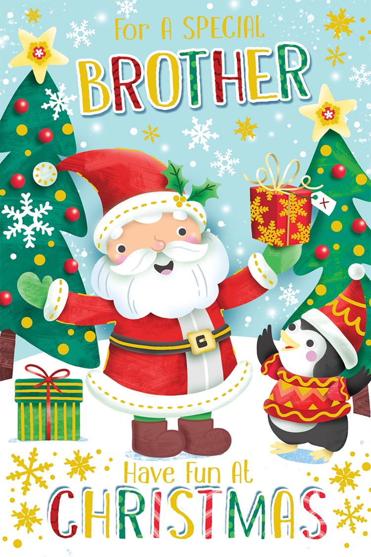 Brother Christmas Card Modern Cute Santa Penguin 7.5" x 5" Lovely Verse