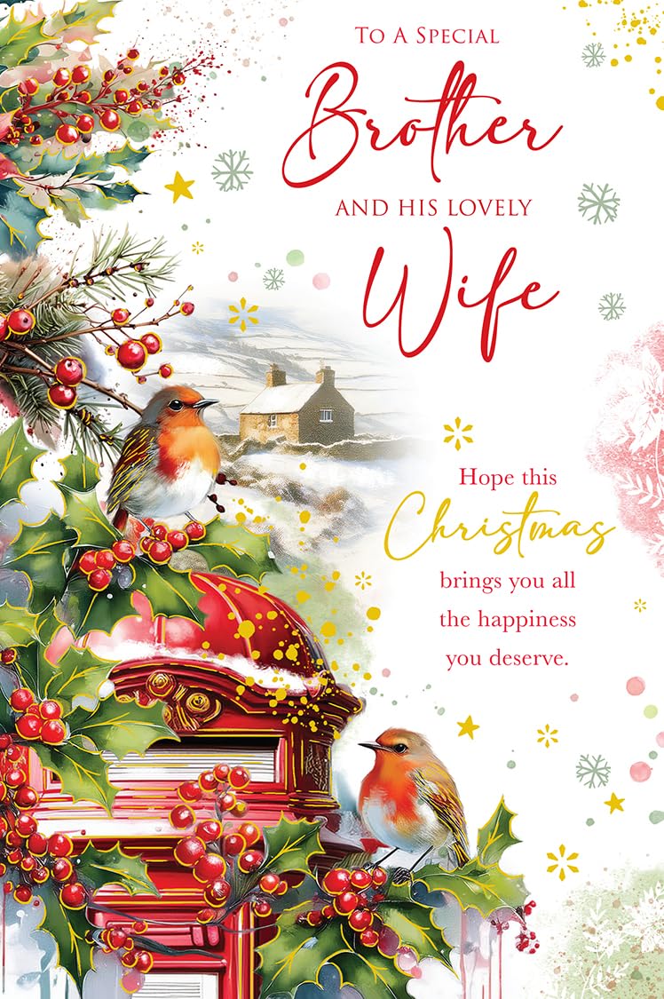 Christmas Card Special Brother & Wife Large Robins Postbox 15x23cm