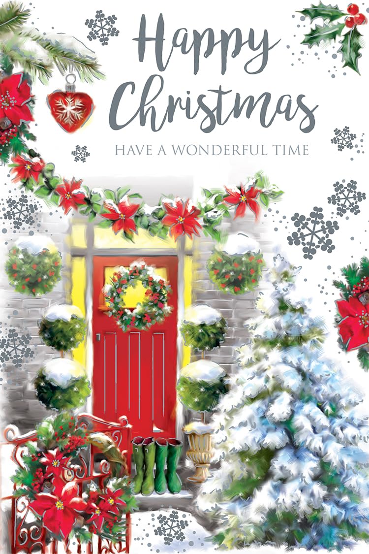Open Christmas Card Traditional Front Dorr Scene 7.5" x 5" Lovely Verse