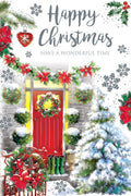 Open Christmas Card Traditional Front Dorr Scene 7.5" x 5" Lovely Verse