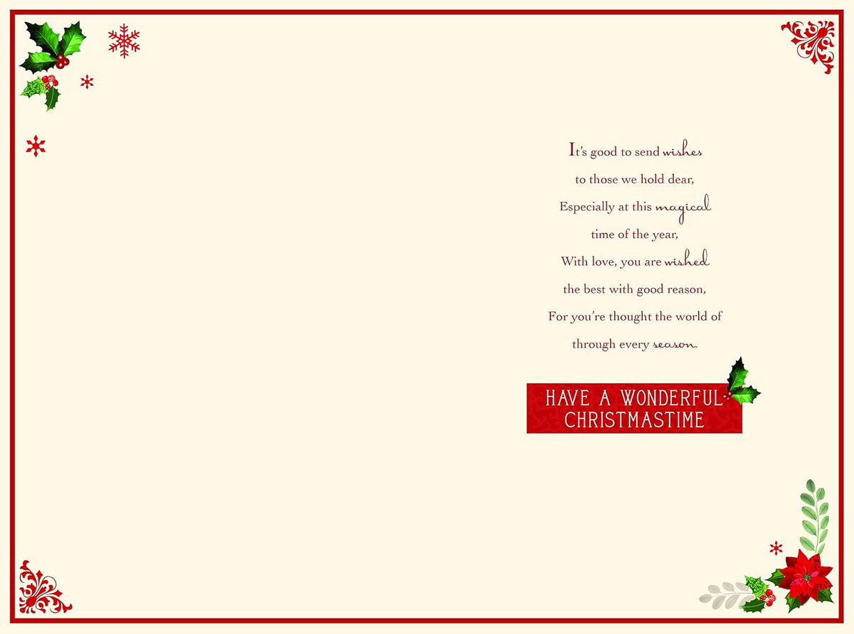 Daughter Christmas Card Ribbon Poinsettia & Holly Wreath Design Lovely Verse