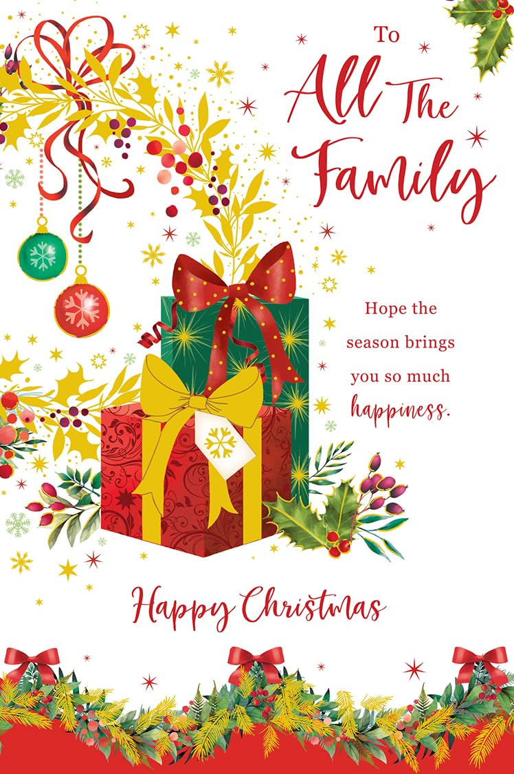 Christmas Card To All The Family Large Presents Gifts Baubles 15x23cm
