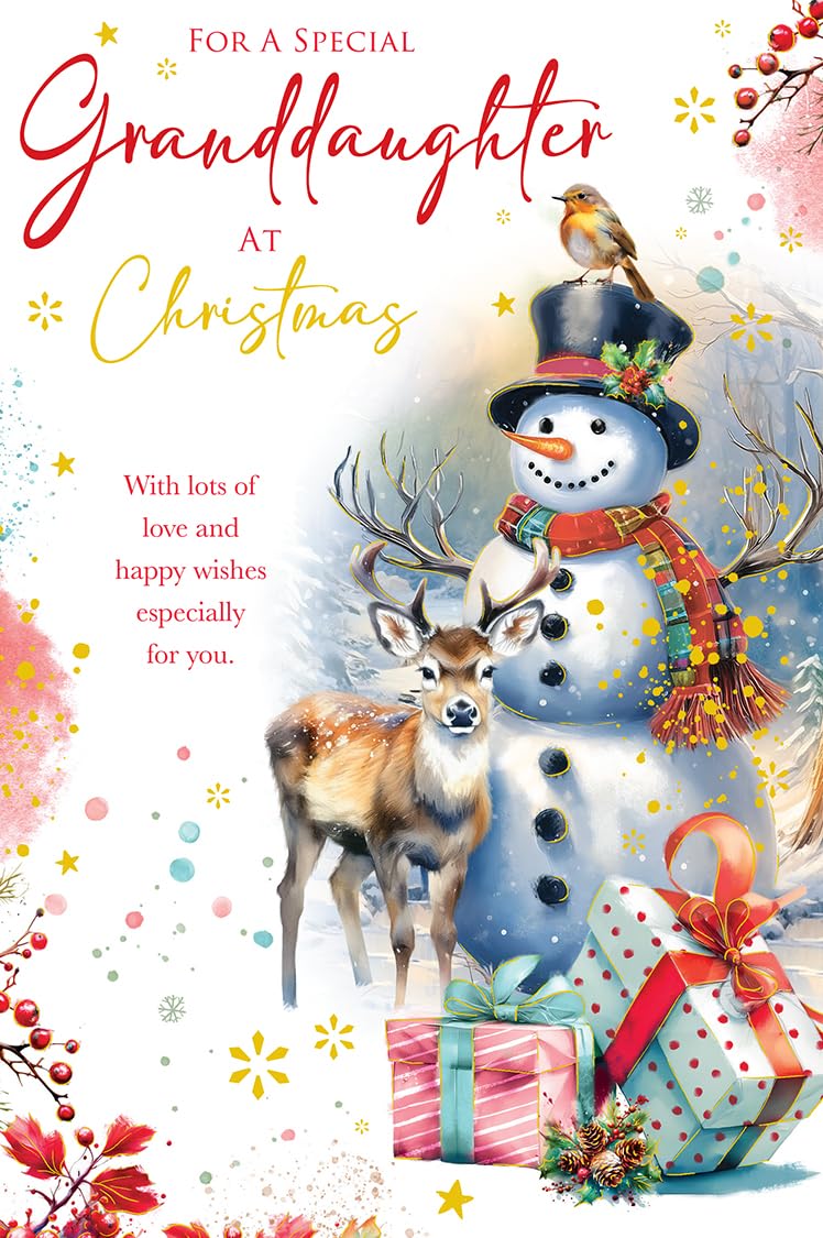 Christmas Card To Special Granddaughter Large Snowman Deer 15x23cm