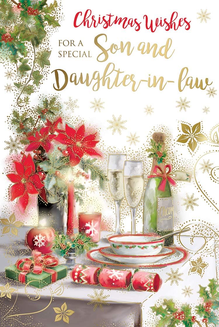 Son & Daughter In Law Christmas Card Champagne Table Candles Design Lovely Verse