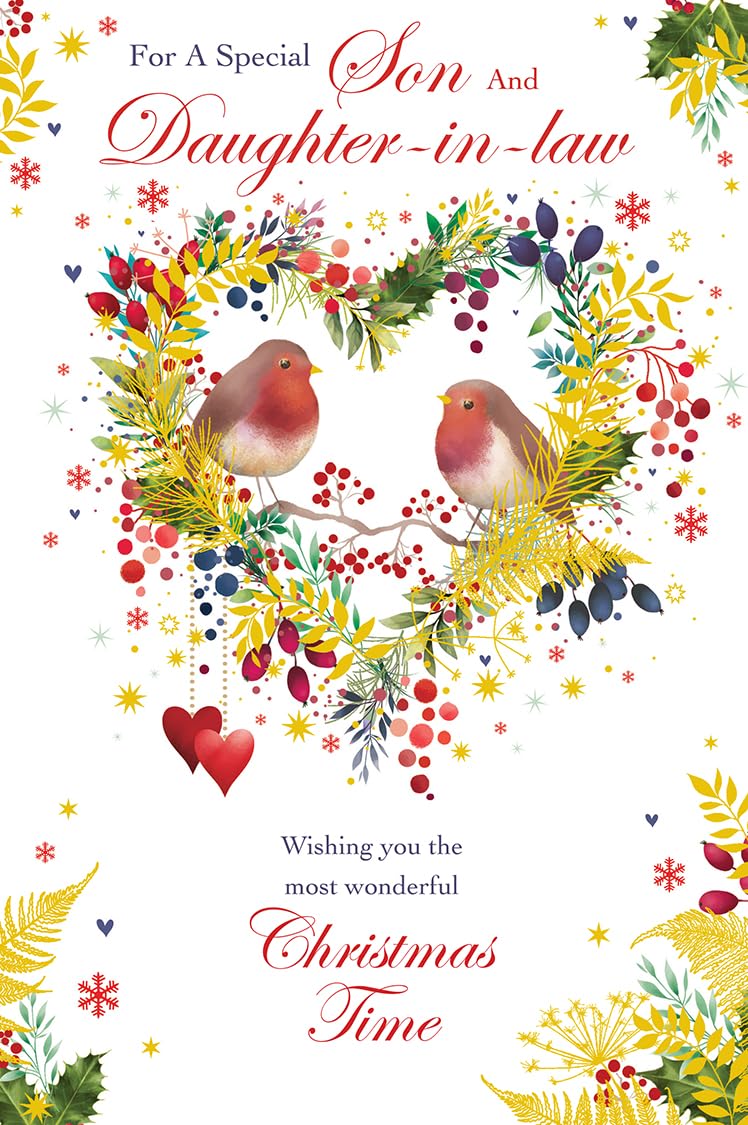 Christmas Card Son & Daughter In Law Large Robins Wreath Holly 15x23cm