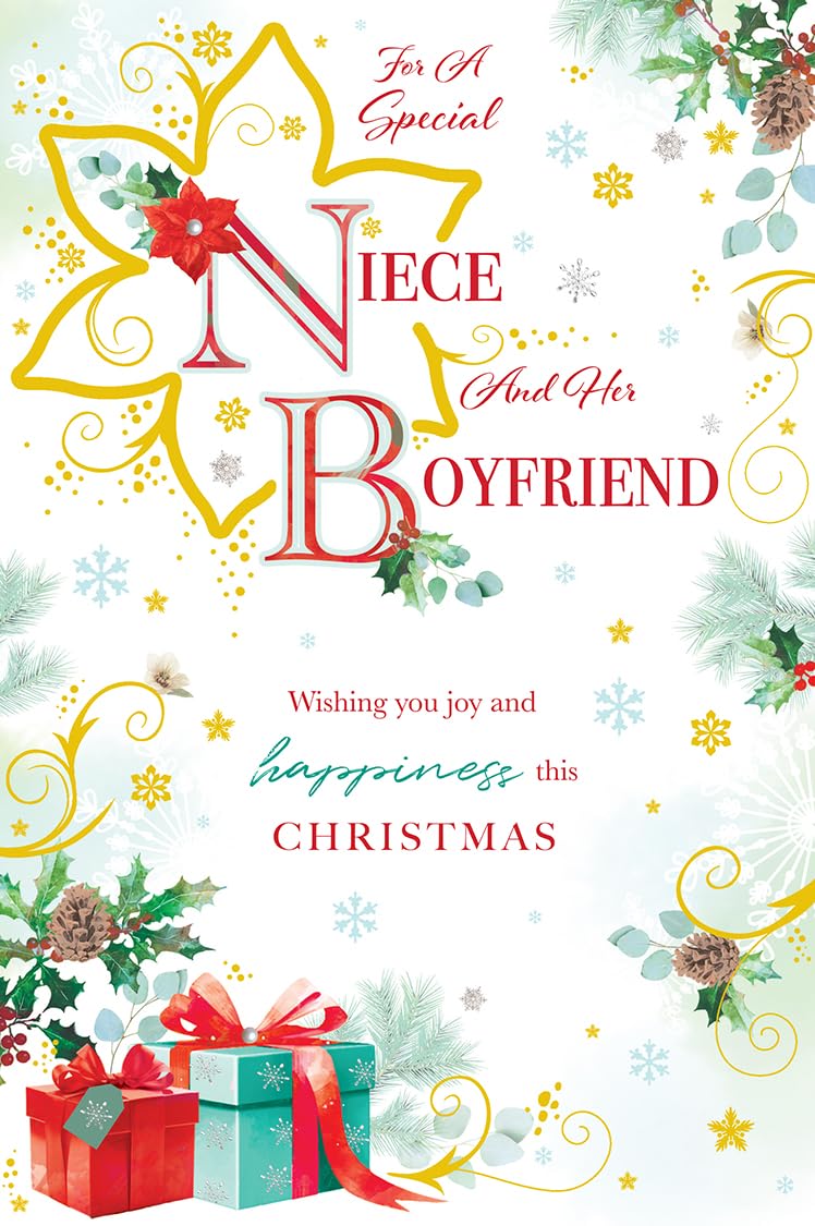 Christmas Card Special Niece & Boyfriend Large Gifts Holly 15x23cm