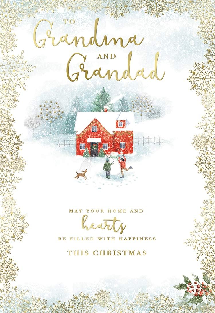 Grandma & Grandad Christmas Card Children & Cottage Design Lovely Verse