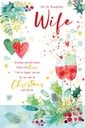 Christmas Card To Wonderful Wife Large Gold Heart Holly Jewel 15x23cm