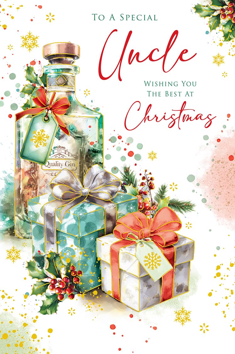 Christmas Card To Special Uncle Large Gin Bottle Presents Holly 15x23cm