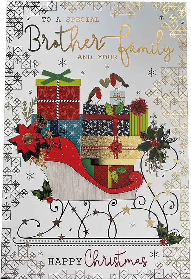 Brother & Your Family Christmas Card Sleigh Full Of Gifts Design Lovely Verse