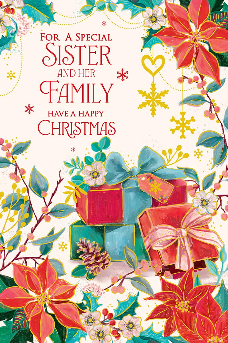 Christmas Card Special Sister & Family Large Presents Holly 15x23cm
