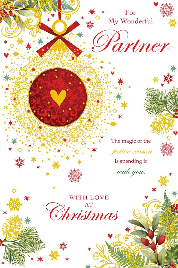 Christmas Card For My Wonderful Partner Large Gold Bauble Heart 15x23cm