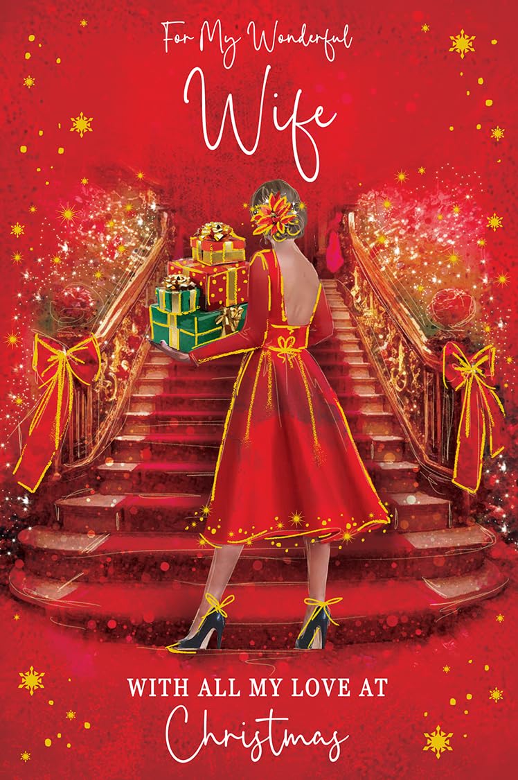 Christmas Card Wonderful Wife Large Red Dress Presents Stairs 15x23cm