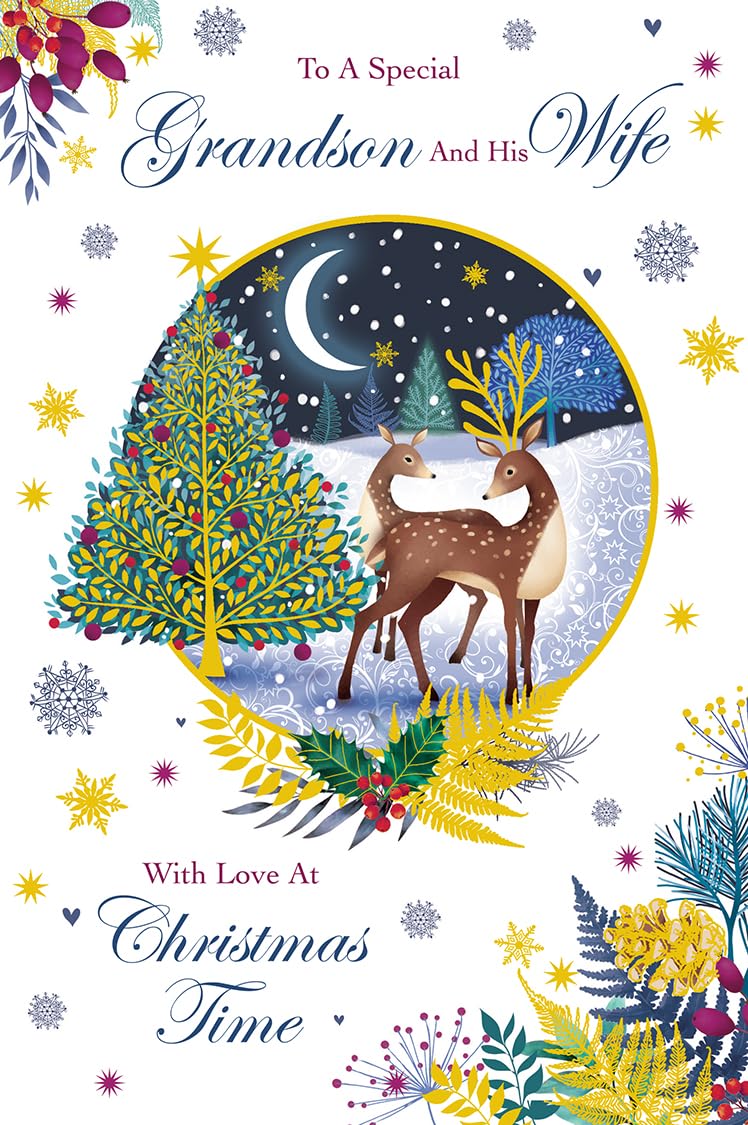 Christmas Card Special Grandson & Wife Large Deer Moon Scene 15x23cm