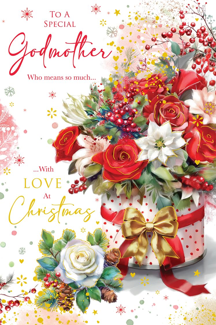 Christmas Card Special Godmother Large Floral Roses Bouquet 15x23cm
