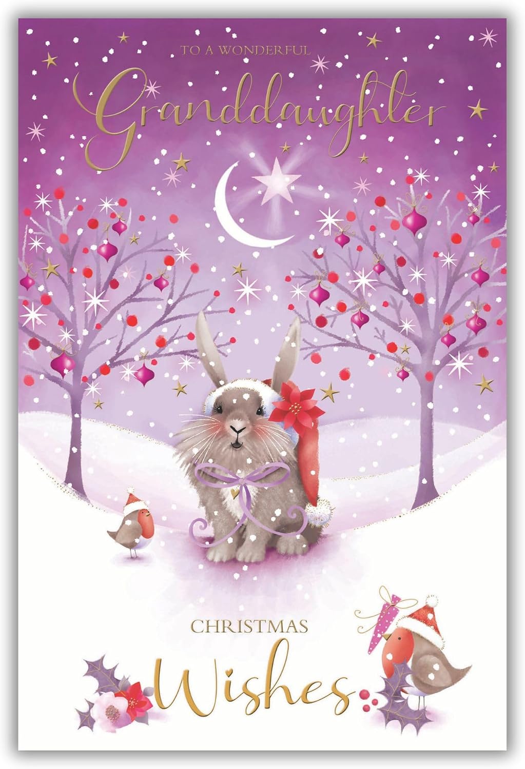 Christmas Card To Granddaughter Large Cute Bunny Snow Scene 15x23cm