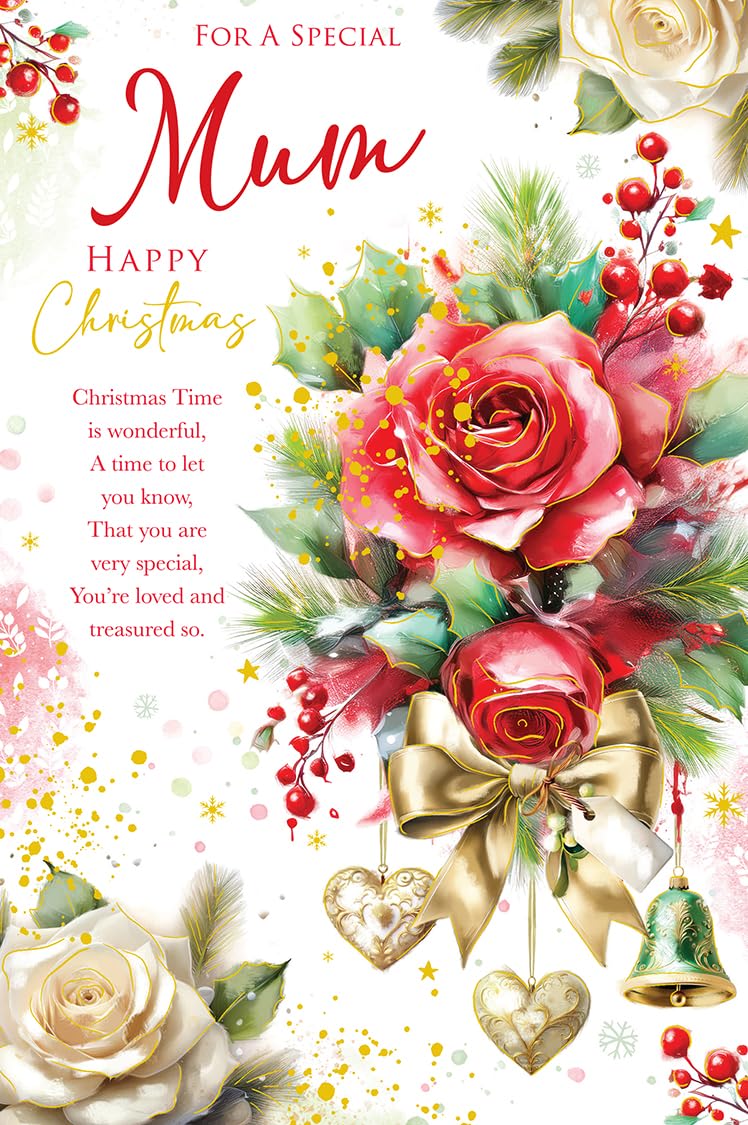 Christmas Card To Special Mum Large Red Rose Flowers Festive 15x23cm