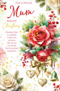 Christmas Card To Special Mum Large Red Rose Flowers Festive 15x23cm