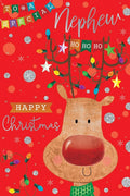 Special Nephew Christmas Card Cute Reindeer & Lights Design Lovely Verse
