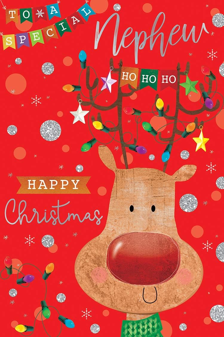 Special Nephew Christmas Card Cute Reindeer & Lights Design Lovely Verse