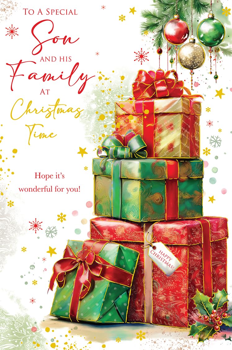 Christmas Card Special Son & Family Large Stacked Gifts Tree 15x23cm