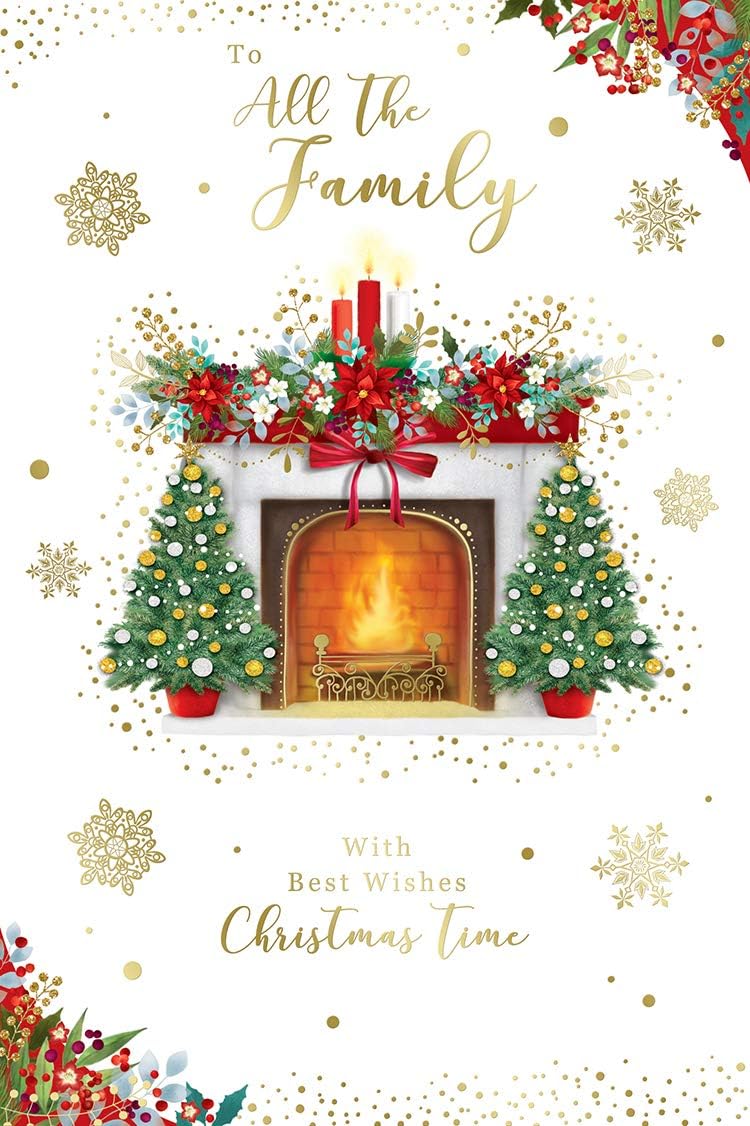 All The Family Christmas Card Open Fire Mantle Piece Design Lovely Verse