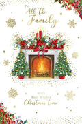 All The Family Christmas Card Open Fire Mantle Piece Design Lovely Verse