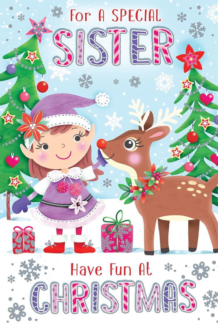 Sister Christmas Card Modern Cute Girl Deer 7.5" x 5" Lovely Verse
