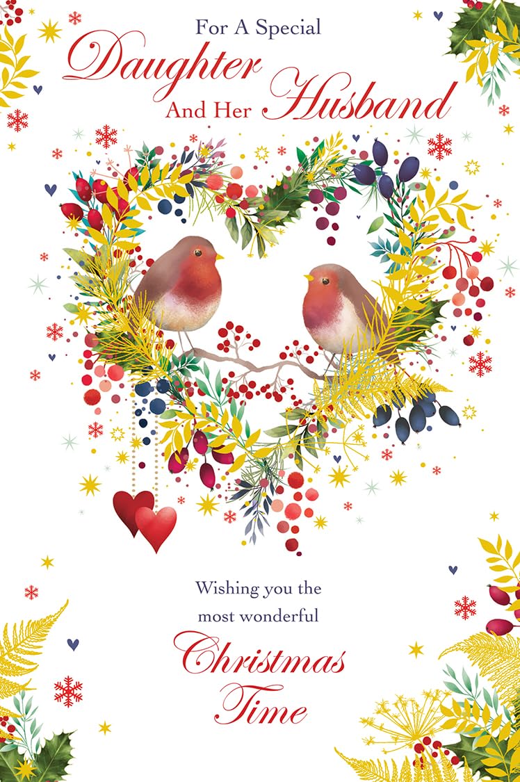 Christmas Card Special Daughter & Husband Large Robins Wreath 15x23cm