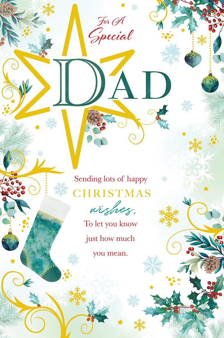 Christmas Card To A Special Dad Large Gold Star Stocking Holly 15x23cm