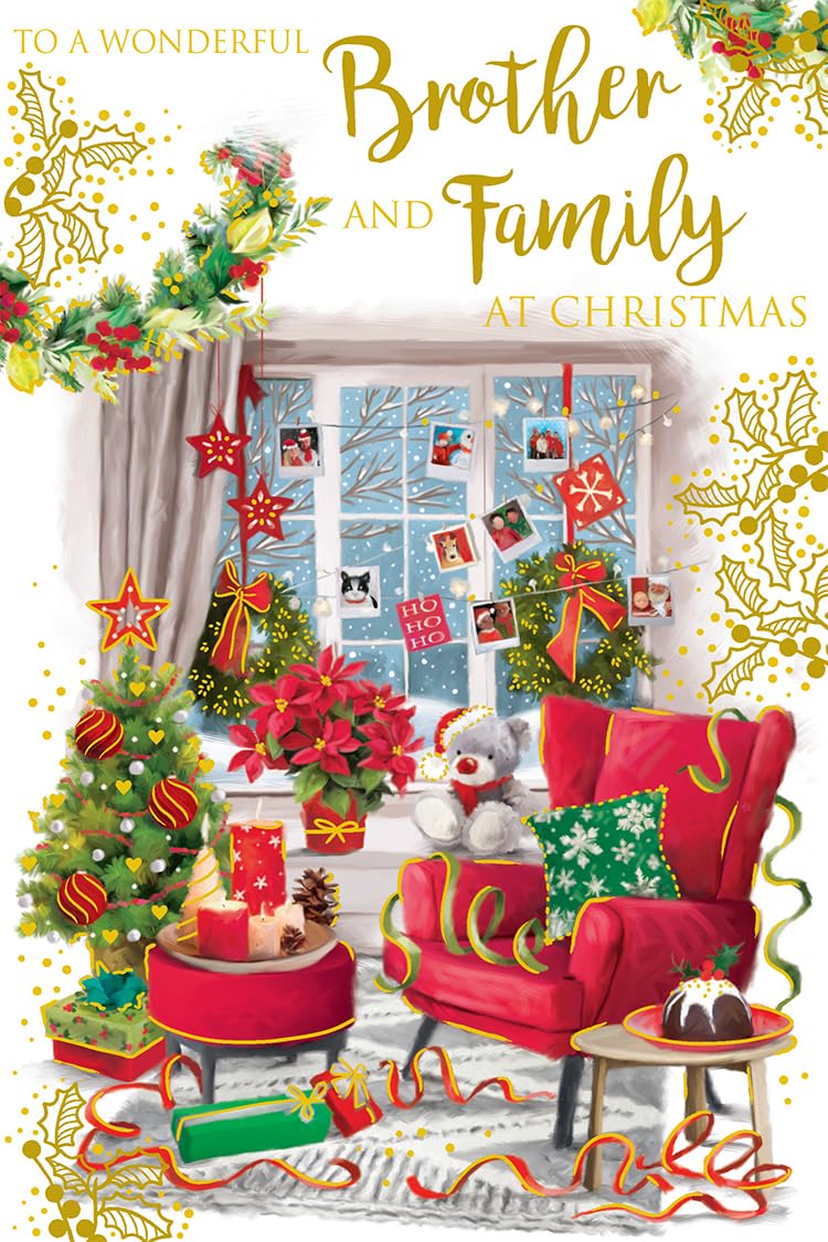 Brother & Family Christmas Card Traditional Tree Gifts 9" x 6" Lovely Verse