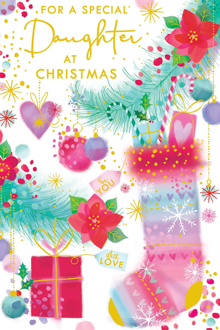 Daughter Christmas Card Modern Stocking Gifts Tree  7.5" x 5" Lovely Verse
