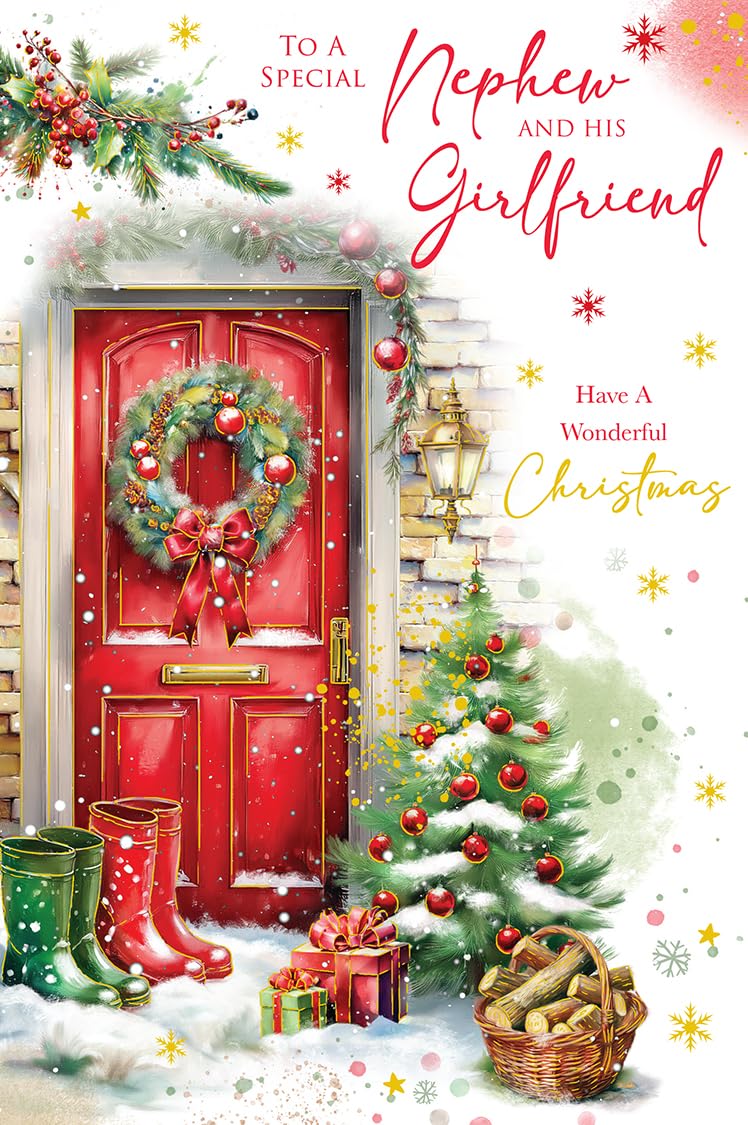 Christmas Card Special Nephew & Girlfriend Large Red Door Tree 15x23cm
