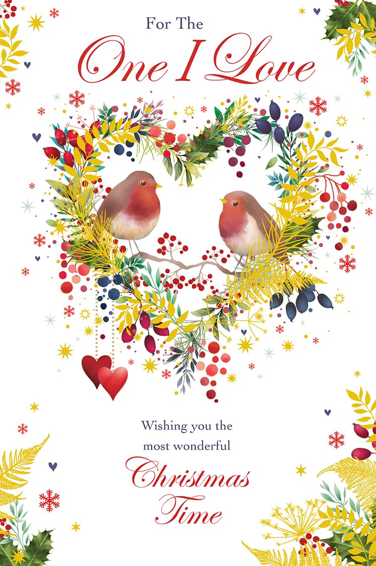 Christmas Card For The One I Love Large Robins Wreath Hearts 15x23cm