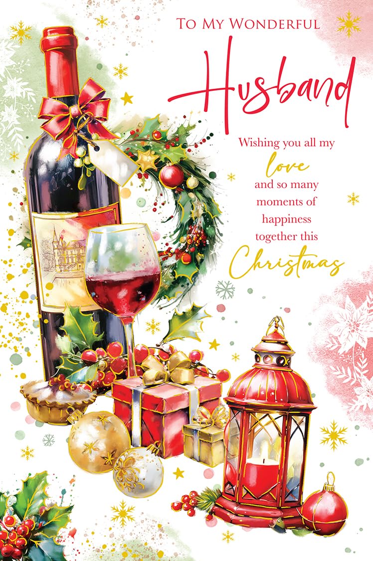 Christmas Card To My Wonderful Husband Large Wine Glass Festive 15x23cm