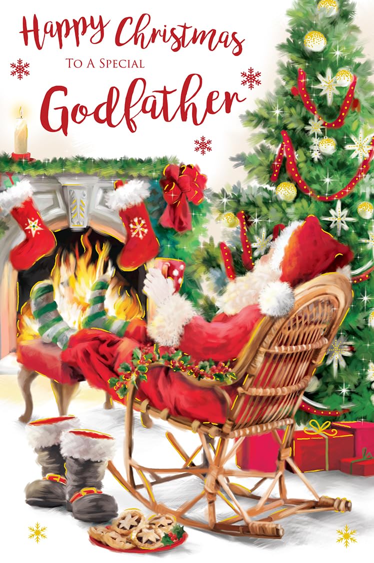 Christmas Card Special Godfather Large Santa Fireside Tree 15x23cm