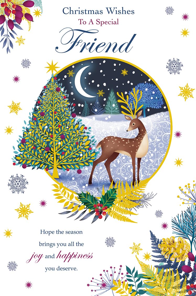 Christmas Card To Special Friend Large Cute Deer Snow Scene 15x23cm