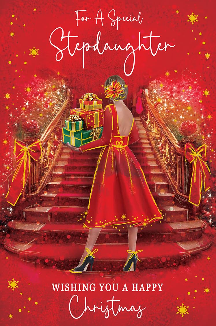 Christmas Card Special Stepdaughter Large Dress Presents Stairs 15x23cm
