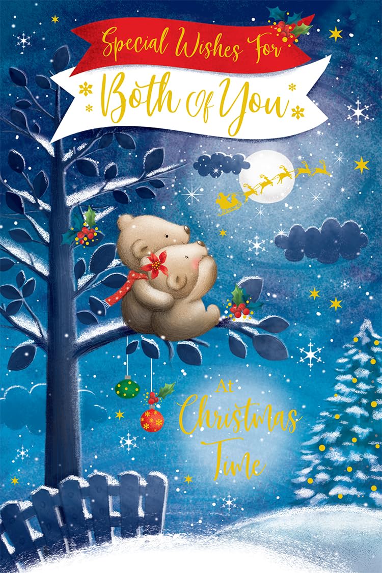 Both Of You Christmas Card Cute Bears Cuddling Tree Santa 9" x 6" Lovely Verse