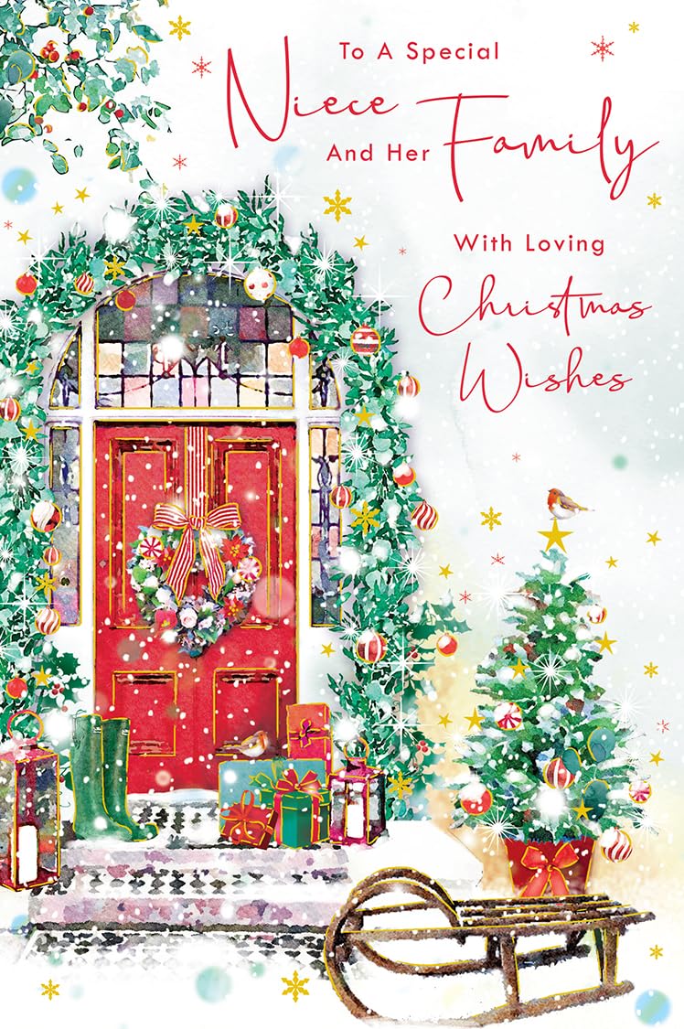 Christmas Card Special Niece & Family Large Front Door Sleigh 15x23cm