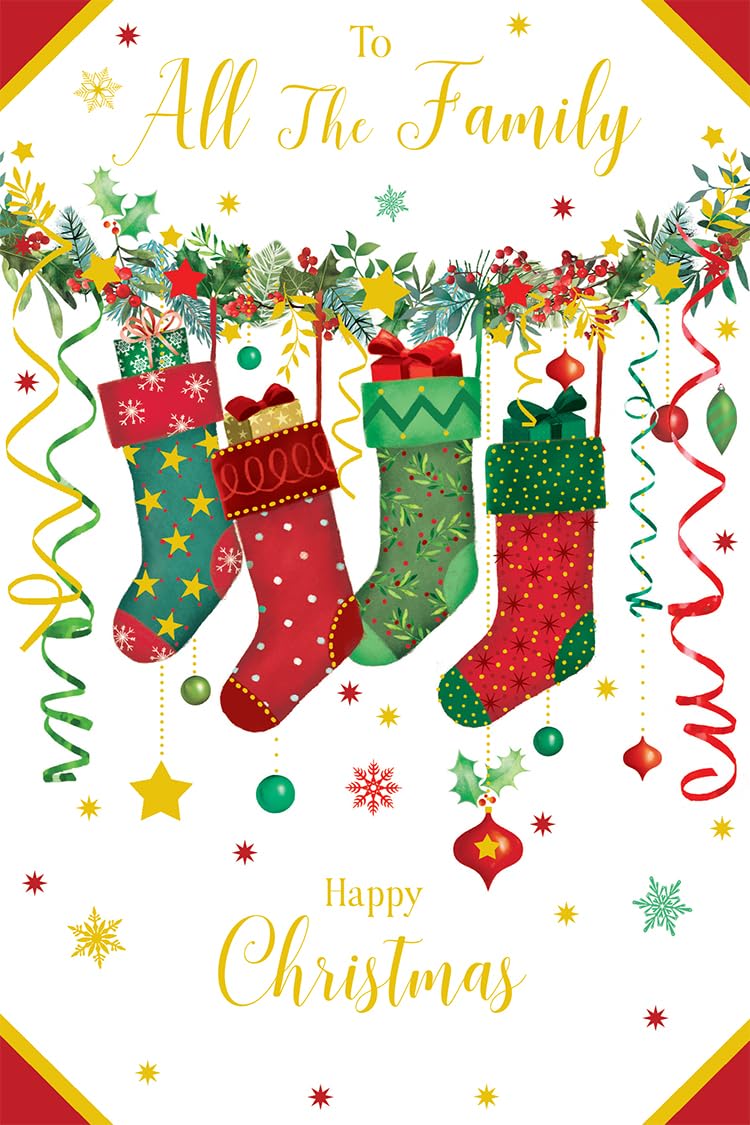 To All The Family Christmas Card Modern Stockings Baubles 9" x 6" Lovely Verse