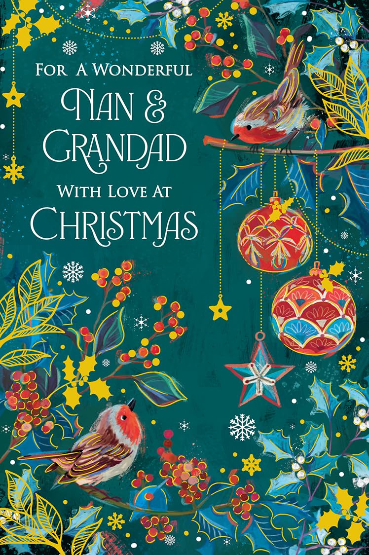 Christmas Card Nan & Grandad Large Robins Baubles Foliage 15x23cm
