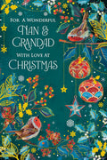 Christmas Card Nan & Grandad Large Robins Baubles Foliage 15x23cm