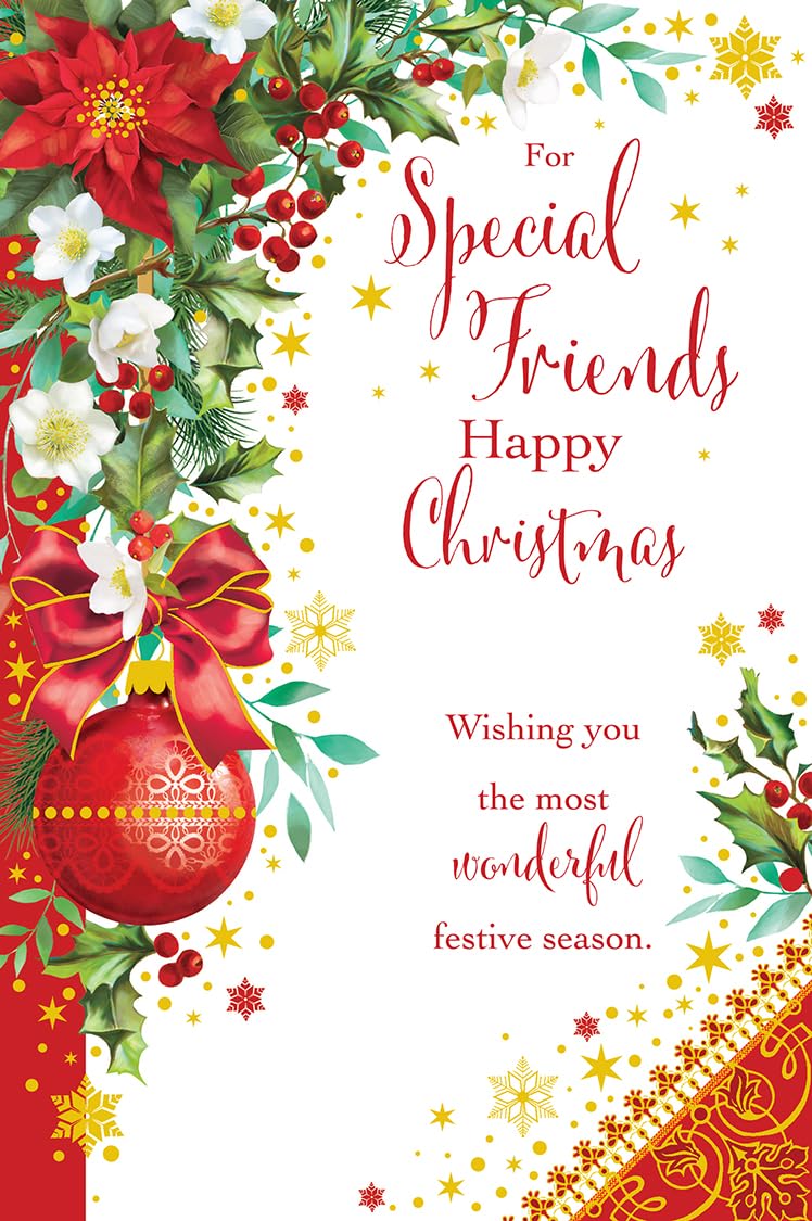 Christmas Card To Special Friends Large Poinsettia Red Bauble 15x23cm