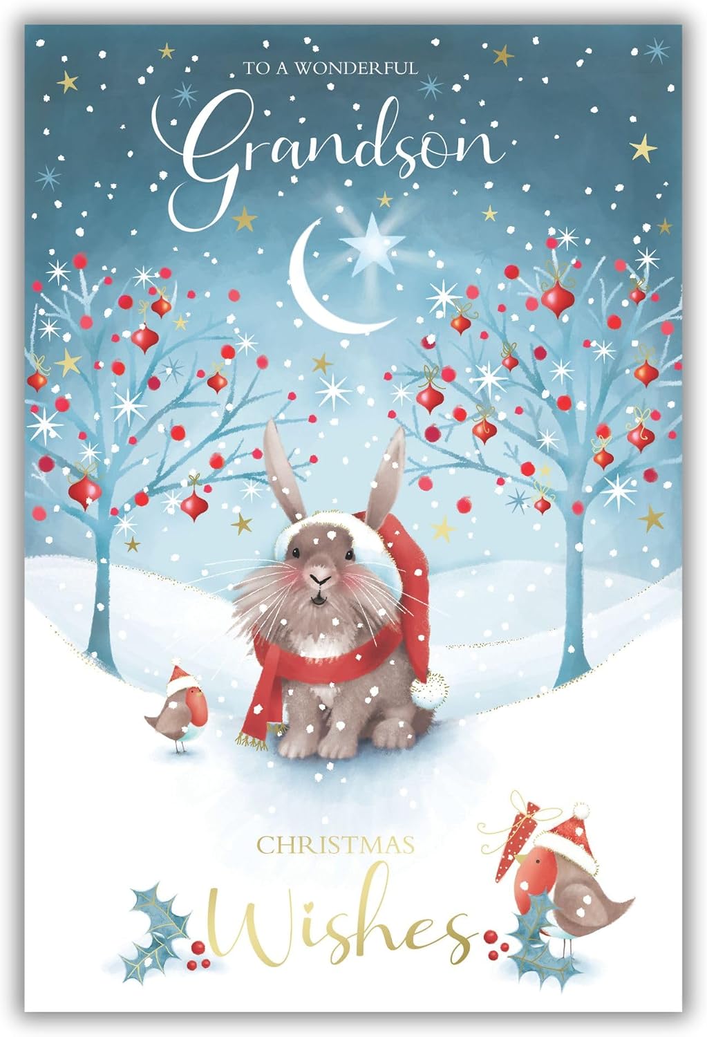 Christmas Card To Grandson Large Cute Bunny Snow Scene 15x23cm